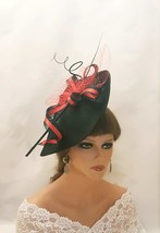 Large BLACK &amp; RED Tear drop HAT Fascinator with Long Quill Feathers Netting deta - £76.71 GBP