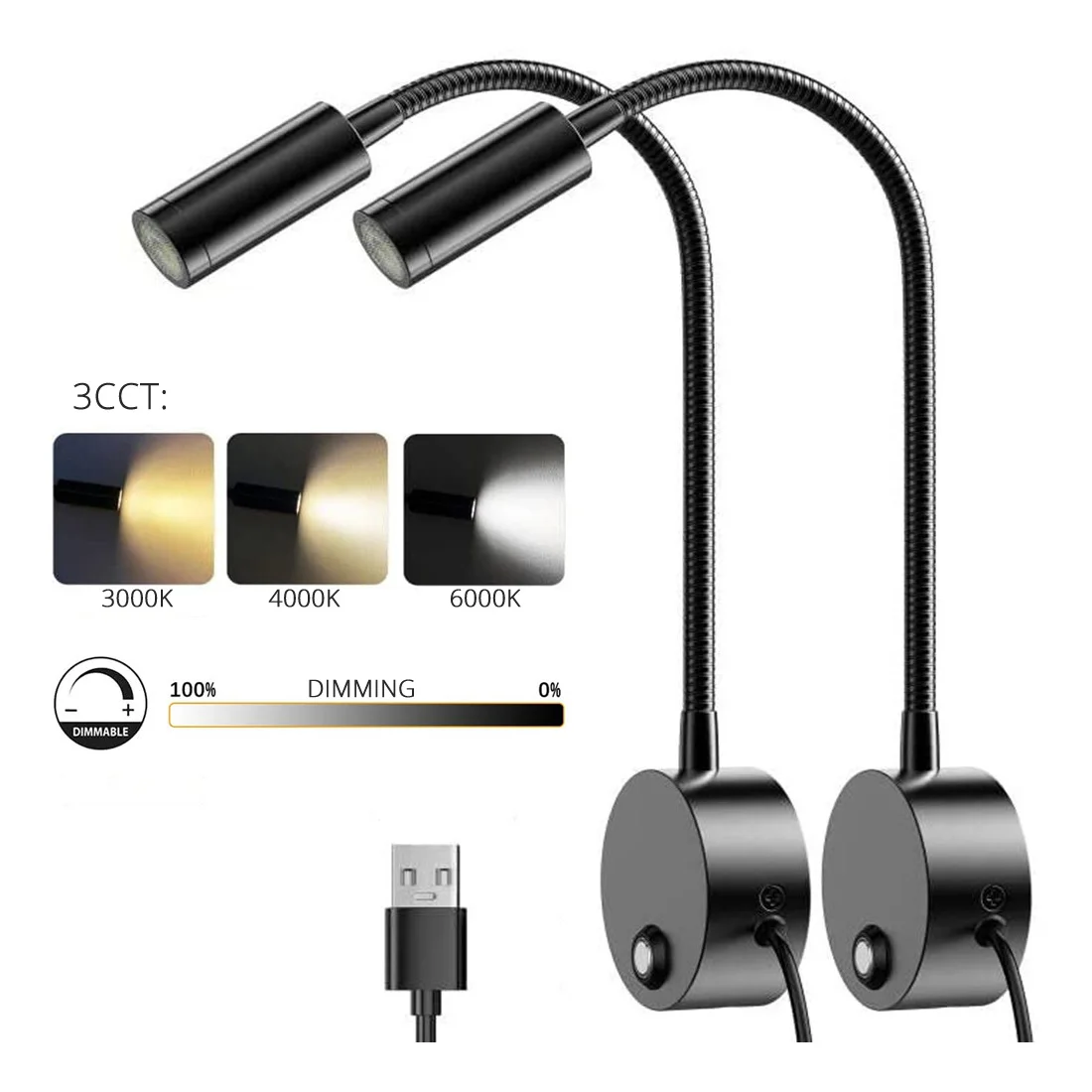 Dimmable 3CCT 5V USB Hotel Bedside Reading Wall Lamp Sconces 3W Working Study - £24.63 GBP+