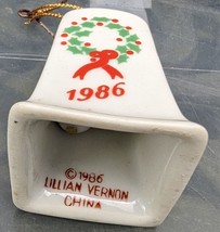 1986 Christmas bell ornament Lillian Vernon ceramic, 2&quot; Wreath Tree Stocking - £7.91 GBP
