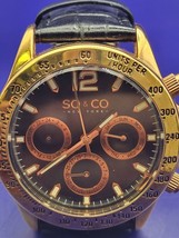 SO &amp; CO Men&#39;s Brown Leather Analog Quartz Black Dial Genuine Wrist Watch... - £16.95 GBP