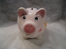 BIG WHITE SMILING PIG PIGGY BANK WITH FLOWERED ACCENTS ON BODY, LONG EYE... - $18.81