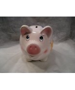 BIG WHITE SMILING PIG PIGGY BANK WITH FLOWERED ACCENTS ON BODY, LONG EYE... - $18.81