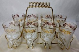  Vintage Cocktail Glasses Set of Eight With Caddy MCM Gold Trim White Aster  - £58.94 GBP