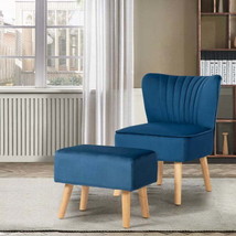 Leisure Chair and Ottoman Padded Velvet Tufted Sofa Set -Blue - £185.31 GBP