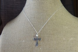 Necklace (New) Antique Silver Cross W/ Pearl &amp; Dainty Chain - 18&quot; - £24.91 GBP