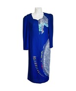 Vintage 80s Asian Cheongsam Blue Purple Hand Painted Dress Shoulder Pads... - $65.70