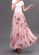 Pink Floral Long Chiffon Skirt Women Summer Plus Size Flower Chiffon Skirt image 1