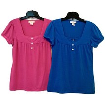 Self Esteem Womens L Square Neck Blue &amp; Pink Short Sleeve Set Of 2 Tunic Tops - £10.23 GBP