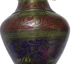 Vintage Antique Etched Engraved Handpainted Solid Brass 5.75” Vase Set India - £32.88 GBP