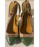 Anne Michelle Shoes Stiletto Heels Green Size 8.5 Tartan Plaid Strap Back - $35.99