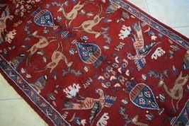 3&#39;9 x 8 S Antique Handmade Nomad Wool Carpet Pictorial Hunting Animal Rug 4 x 8 - £526.23 GBP