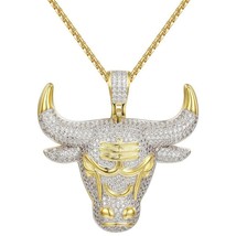 3.50Ct Round Cut Real Moissanite Bull Pendant Necklace 14K Yellow Gold Plated - £396.87 GBP