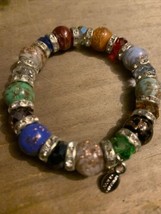 Signed Murano Aventurine Glass Italy Multicolor Stretch Rhinestone Bracelet Nice - £16.79 GBP