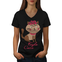 Frida Kahlo Cat Shirt Funny Women V-Neck T-shirt - £10.38 GBP