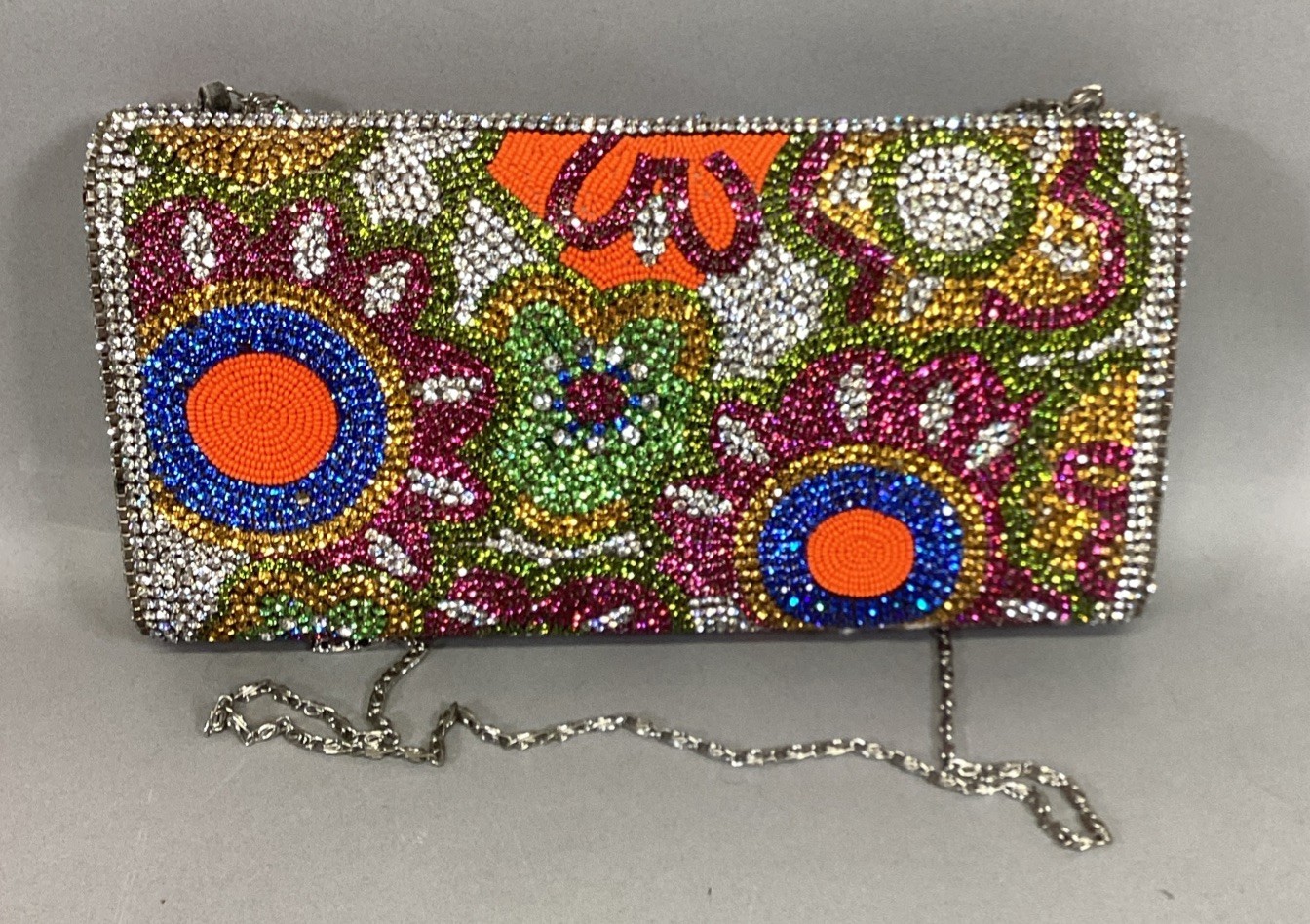 Floral Glitter Beaded Purse Handbag W/ Chain - $24.74