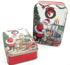 Christmas Tins Set of 2 Nesting Santa Filling Stockings While Cat Childr... - £7.39 GBP