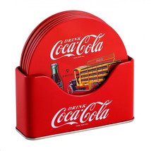 Coca-Cola Retro Art Tin Coaster Set with Holder 6-Pack Red - £11.97 GBP