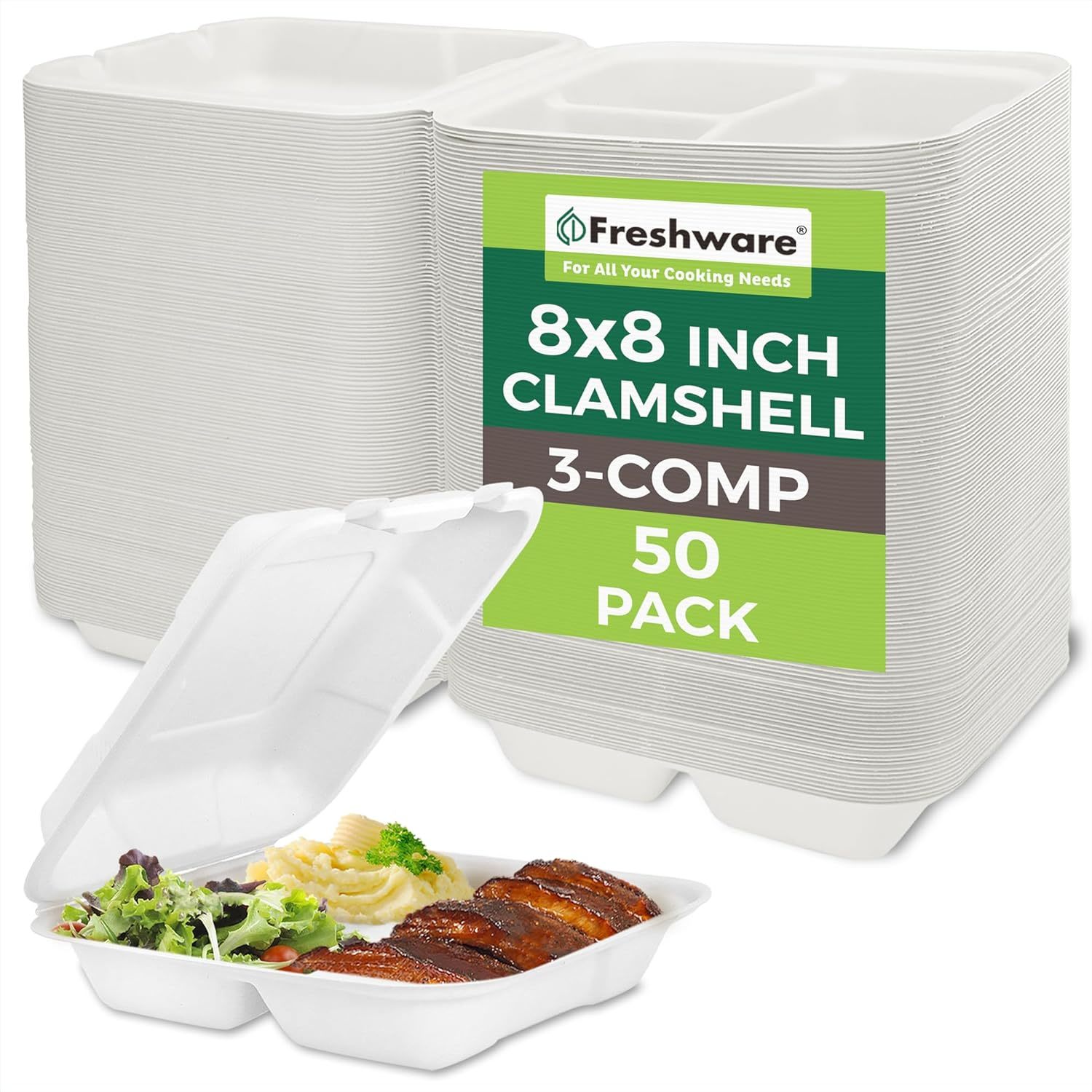 Freshware Clamshell Containers, 8 X 8 Inch, 3-Compartment, 50 Pack, Natural - $39.99