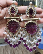 Bollywood Style Gold Plated Indian Kundan Long Purple Earrings Jewelry Set - £29.27 GBP