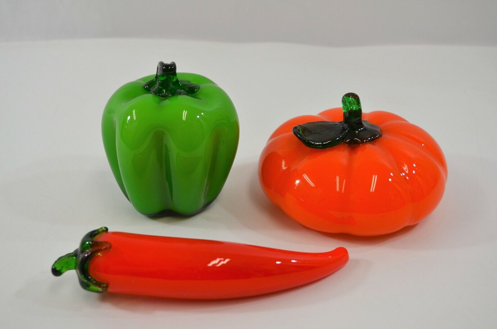Primary image for Hand Blown Glass Vegetables Green Pepper Pumpkin Chili Murano Style Vtg Lot of 3