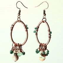 Bronze colored earrings oval dangle earrings with green, tan, and gray beads - £9.43 GBP
