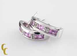 10k White Gold Diamond and Pink Sapphire Mini Hoop Stud Earrings - £391.07 GBP