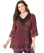 Cathrines Womens Velvet Trim Pleated Black Red Blouse Floral Top Plus Si... - $35.99