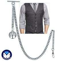Silver Tone Albert Chain Pocket Watch Chain Men T Bar Life Tree Fob Swivel Clasp - £14.33 GBP