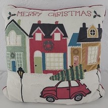 XMAS Throw Pillow VW Pier 1 LED Light Up Houses Tree Snow Decor 18&quot; Red ... - $48.95