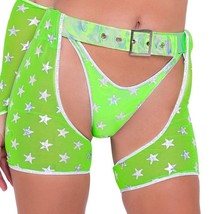 Hologram Star Print Chaps Shorts High Waisted Buckle Closure Neon Green ... - $42.29