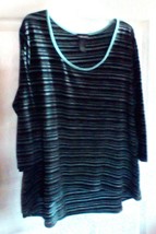 Kristin Nicole 3/4 Sleeve Blouse Stripes Black Teal Short Front Plus Size 2X - £11.74 GBP