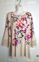 Jm Collection Beige Floral 3/4 Sleeve Embroidered Cuff V-Neck Tunic Top Size Xl - $21.84