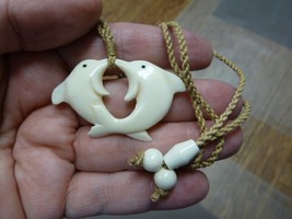 JBA-06 Pair Twin Kissing Dolphins Aceh Bovine Bone Infinity Pendant Necklace - £16.77 GBP