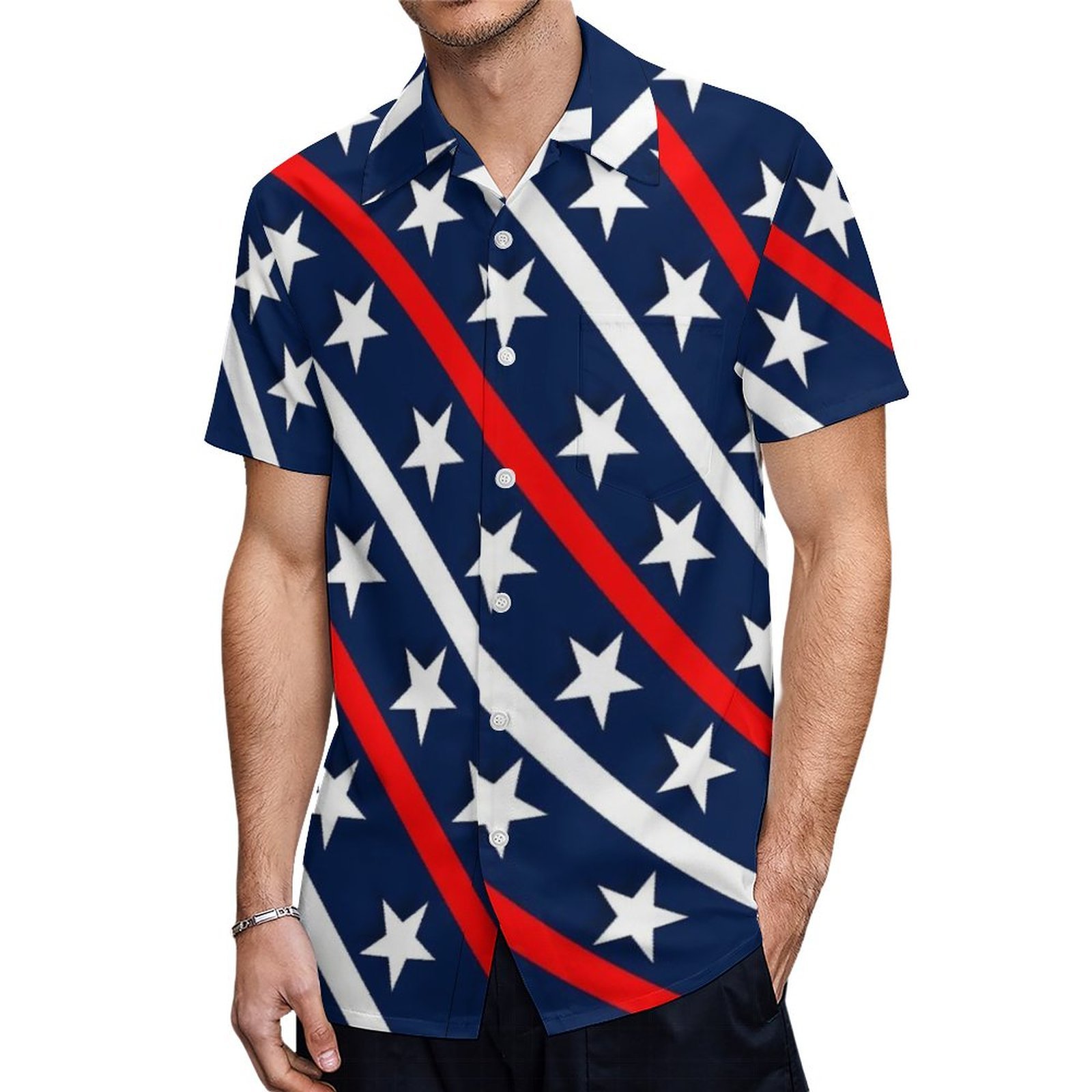 Mondxflaur Star Stripe Button Down Shirts for Men Short Sleeve Pocket Casual