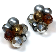 Vintage Hattie Carnegie Gray Gold Orange Beaded Clip on Earrings Signed Cluster - £17.93 GBP