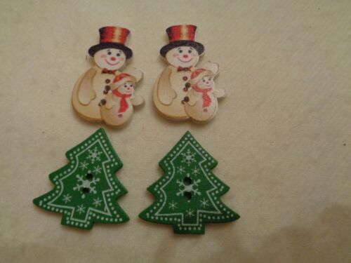 Primary image for Novelty Buttons Wooden (new) 1 3/8" (4) Christmas Mix  /2 Snowmen, 2 Trees