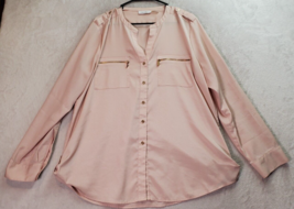 Calvin Klein Blouse Top Women Light Pink Long Sleeve Pockets V Neck Button Front - £20.34 GBP