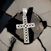 Vintage Deco CROSS Pendant 14k WHITE GOLD Filigree Heart Love Hand Made ... - $242.25