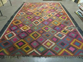 7&#39; X10&#39; Antique Afghan Kilim Handmade Flat Weave Wool Rug Vegy Organic Colorful - £350.97 GBP