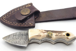 Mini Damascus Steel Fixed Blade Stag Bone Handle Infinity USA Knife &amp; Sheath #1 - £69.88 GBP