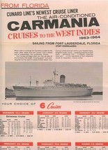Cunard Line Carmania Cruises to West Indies From Fort Lauderdale Brochure 1963 - £17.43 GBP
