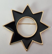 MONET Signed  Brooch Pin Black Enamel Gold Tone Modernistic Sun 2 1/2&quot; Vintage - £14.87 GBP