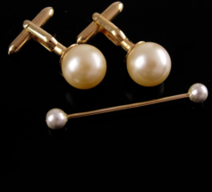 Vintage Pearl Cufflinks - pearl collar bar - Swank set - gold tuxedo cuf... - £114.10 GBP