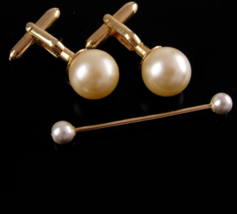 Vintage Pearl Cufflinks - pearl collar bar - Swank set - gold tuxedo cuf... - £115.54 GBP