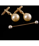Vintage Pearl Cufflinks - pearl collar bar - Swank set - gold tuxedo cuf... - $145.00