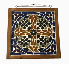 $35 Sun Catcher Window Hanging Decor Art Glass Square Cross Wood Frame Mosaic - £29.53 GBP