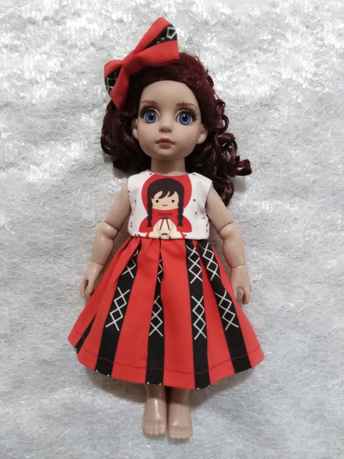 Set of Patsy (10 Inch) Dress and Matching Bow Hair Clip Red Riding Hood Fabric - $28.00