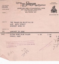 Vintage de Facturation Charles Eneu Johnson Imprimé Compagnie Baltimore Moyen - £29.29 GBP