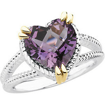 Sterling Silver &amp; 14K Yellow Gold Heart Amethyst Rope Ring - £293.46 GBP