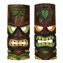 12 Inch Wood Hand Carved Tiki Mask Palm Tree And Turtle Wall Art Set of 2 - £30.96 GBP